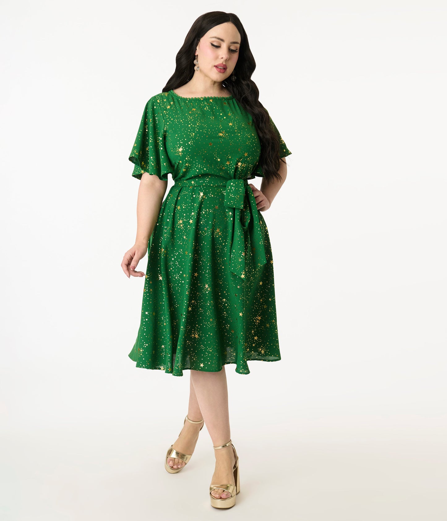 Unique Vintage Plus Size Green & Gold Star Swing Dress