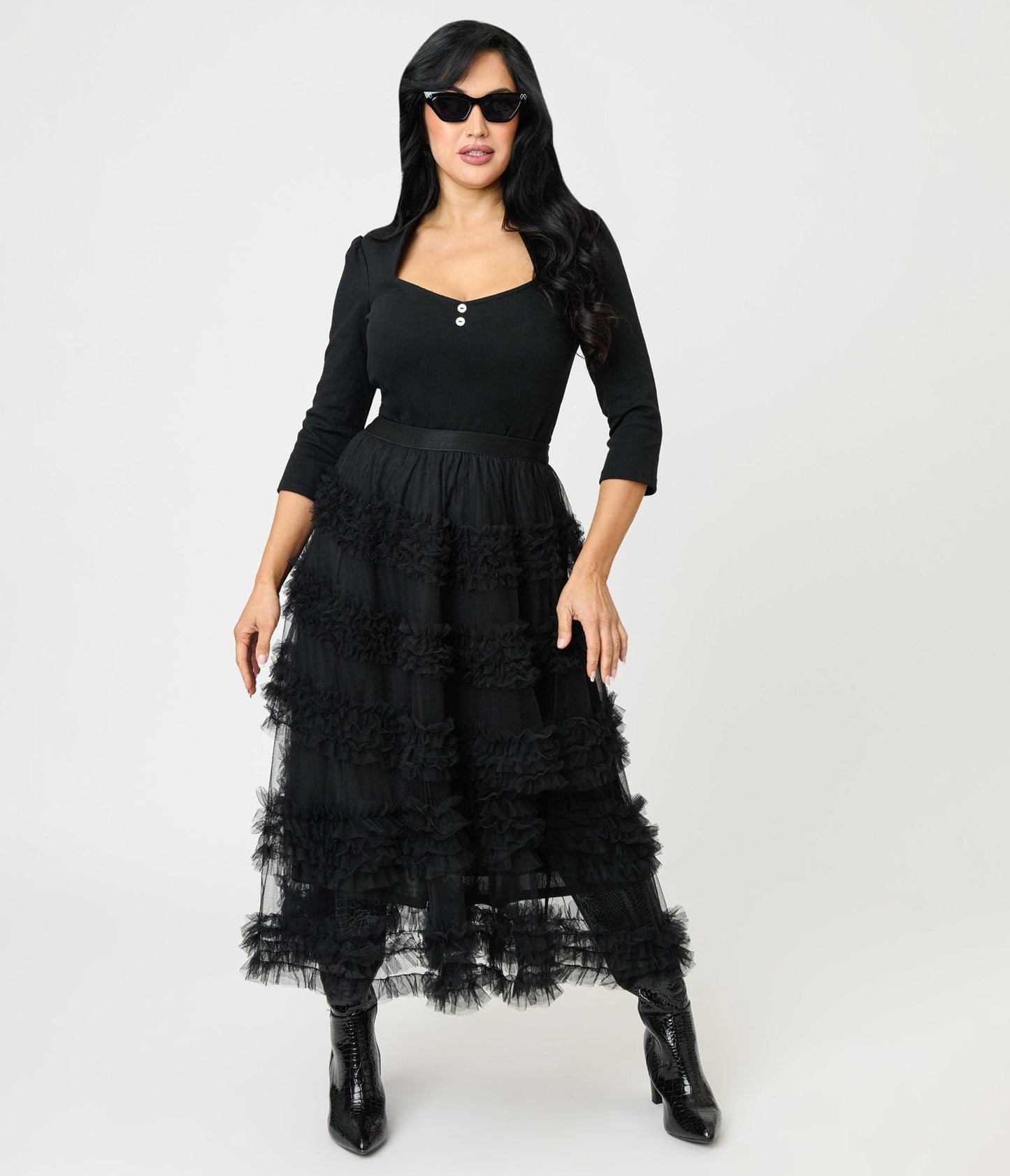 Black Mesh Ruffled Tier Midi Skirt