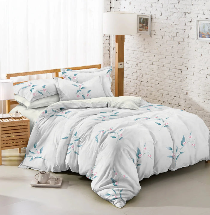 Botanist 5 Piece Bedding Set Microfiber 120 gsm- White with Blue Floral - DLB Furniture