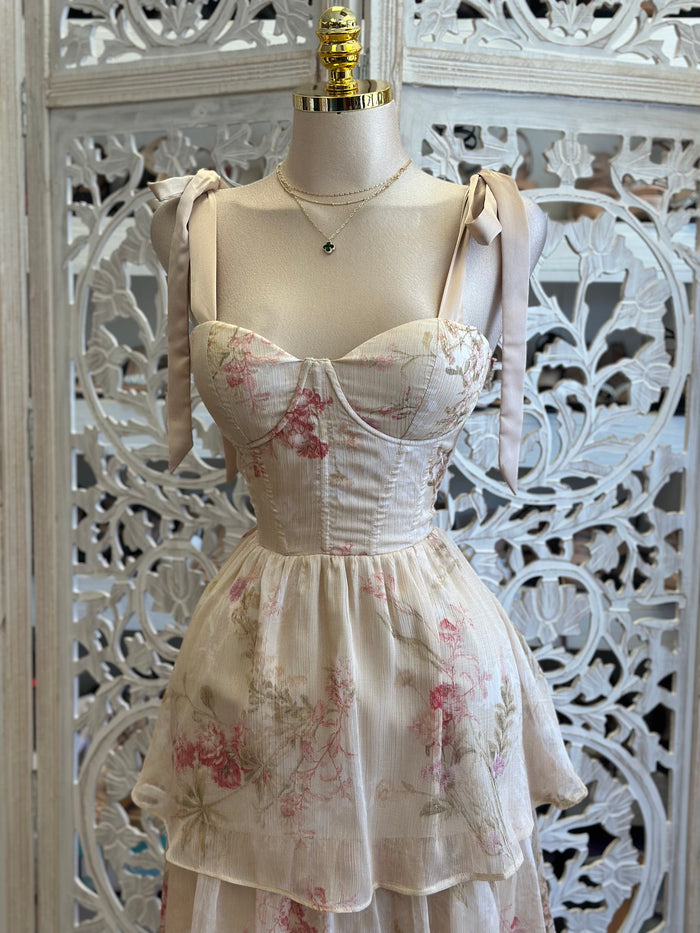 Ruffle Floral Bow Sleeve Dress- No Estira, Not Stretchy