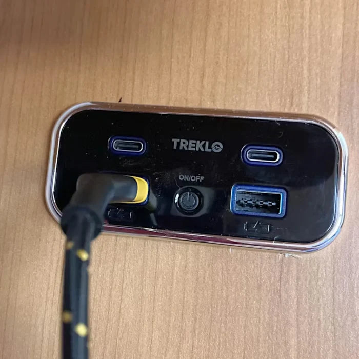 Treklo MultiCharge quad USB-A and USB-C recessed mount 12-24v chrome for caravan, rv, and campervan installs