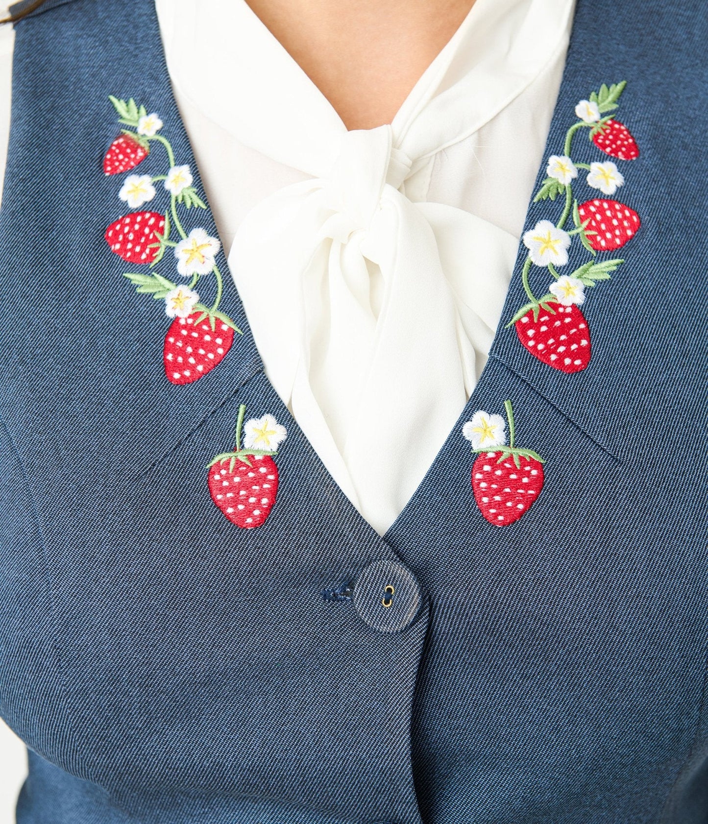 Unique Vintage 1940s Denim Embroidered Button Up Vest