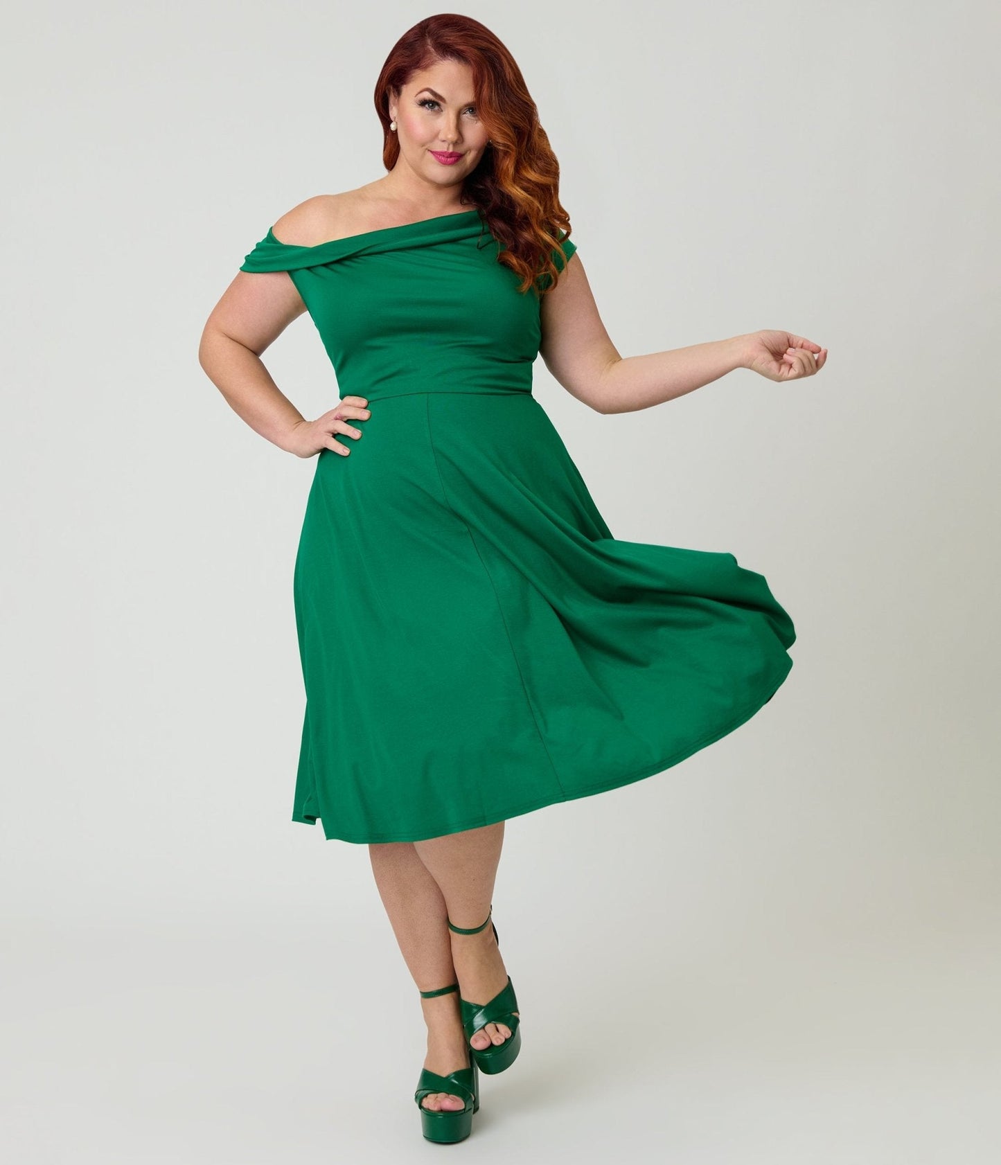 Unique Vintage Plus Size Green Asymmetrical Neck Swing Dress