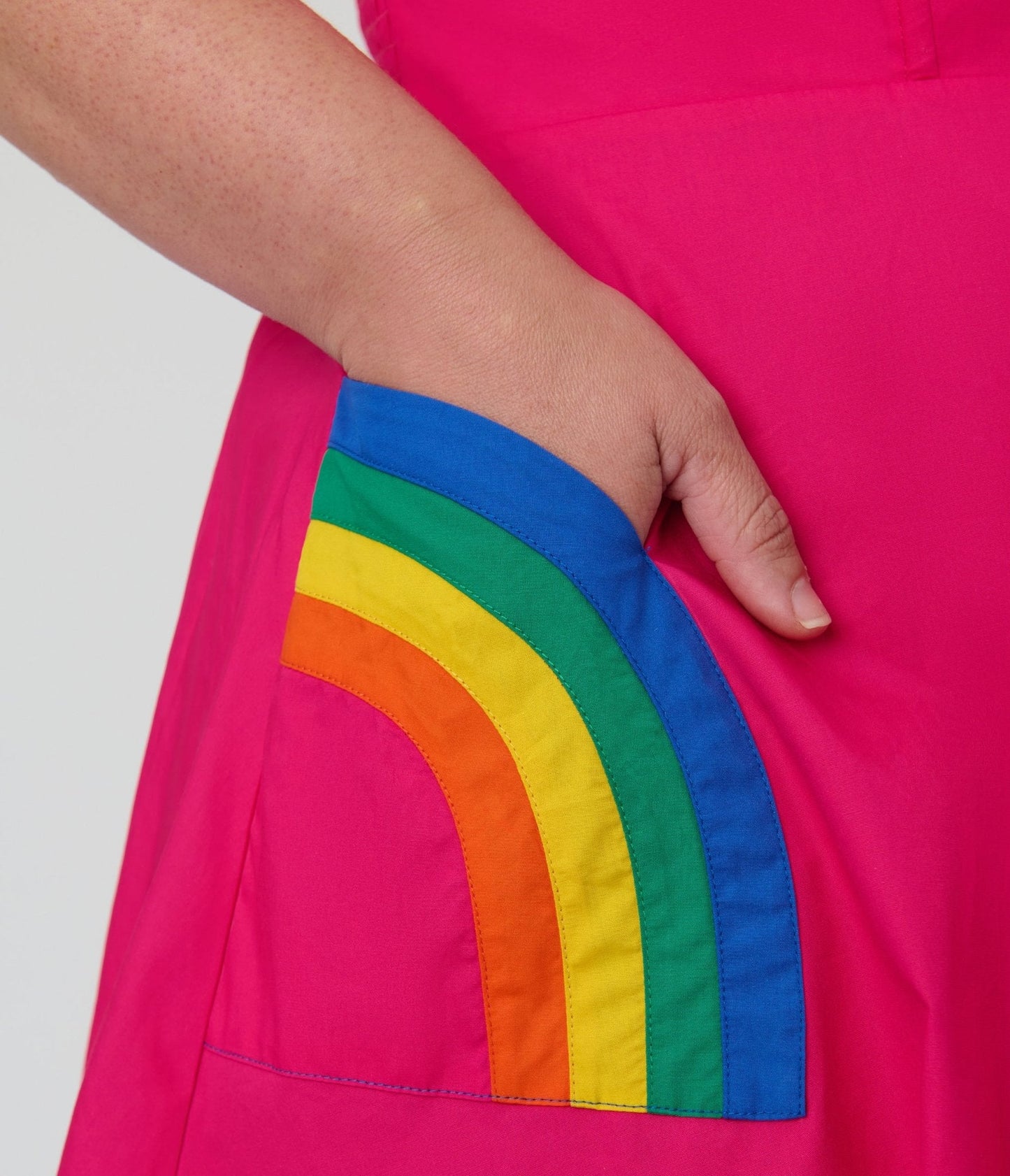 Unique Vintage Plus Size Hot Pink & Rainbow Pockets Sweetheart Swing Dress