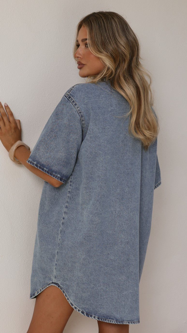 Maliha Button Up Mini Dress - Light Denim