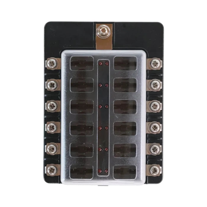 12 circuit blade fuse block with LED indicators and screw terminals