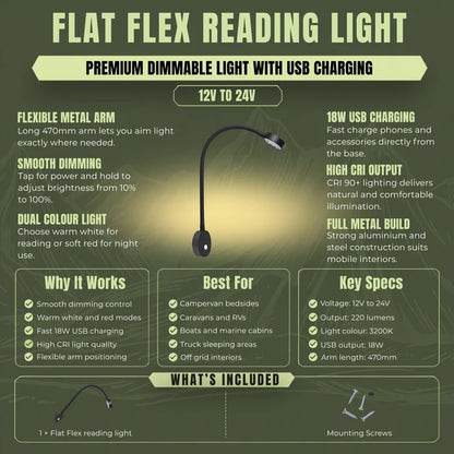 Flat flex LED reading light for adjustable bedside lighting in touring vehicles