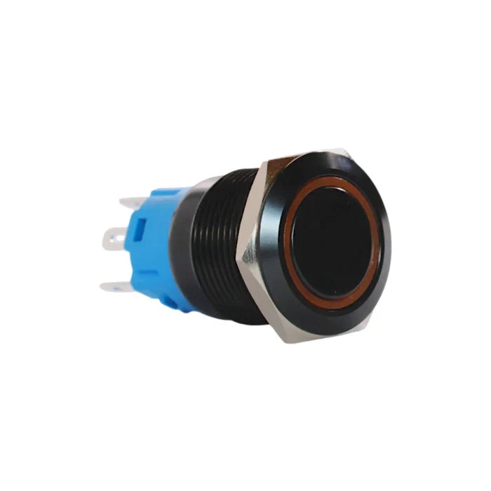 19mm latching led yellow push button switch black anodised finish for campervan 12v and 24v control panels