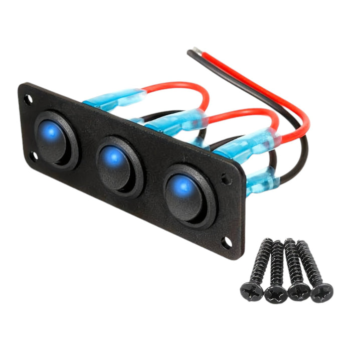 3 switch panel with blue led indicators for 12v systems