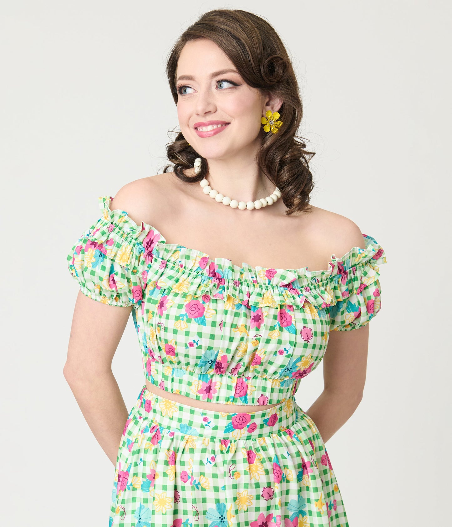 Disney Princess Collection by Unique Vintage Green Gingham Princess Floral Ruffle Up Crop Top