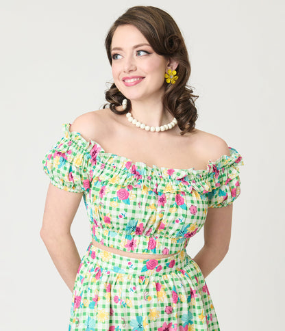 Disney Princess Collection by Unique Vintage Green Gingham Princess Floral Ruffle Up Crop Top