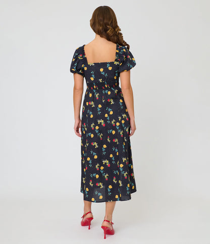 Unique Vintage 1940s Black Floral Midi Dress