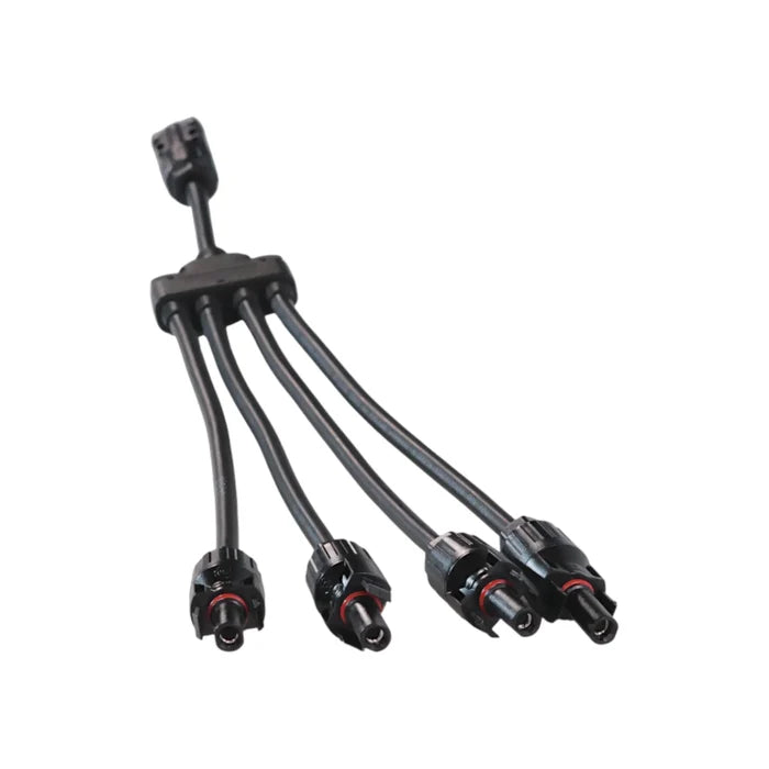MC4 quadruple Y connectors shown with wiring