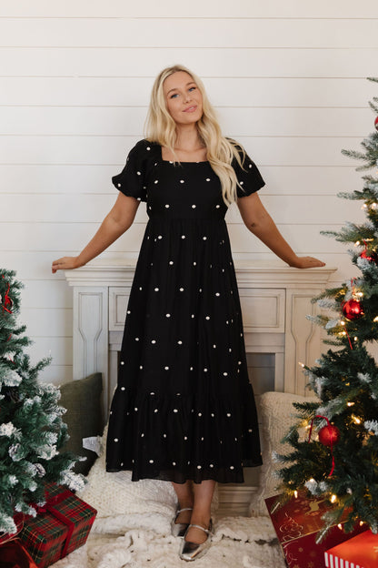 THE LILLY EMBROIDERED DOT DRESS IN BLACK