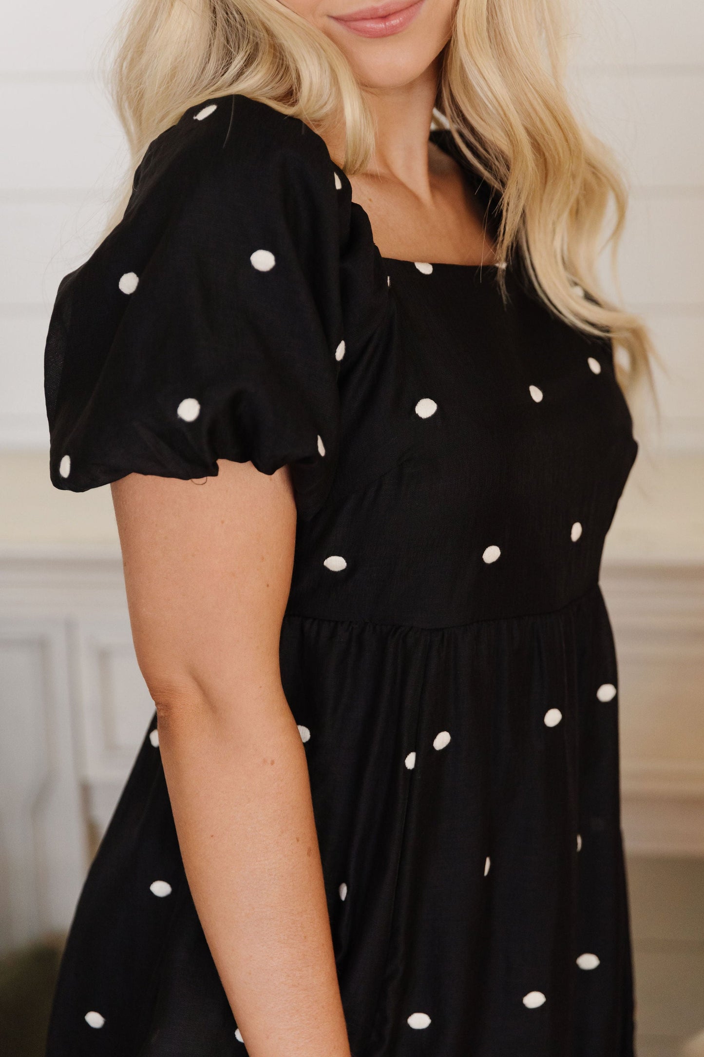 THE LILLY EMBROIDERED DOT DRESS IN BLACK