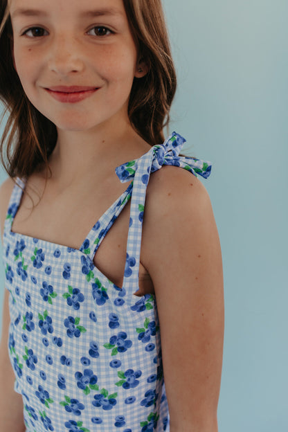 GIRLS TIE STRAP ONE PIECE IN  BLUEBERRY GINGHAM BY PINK DESERT