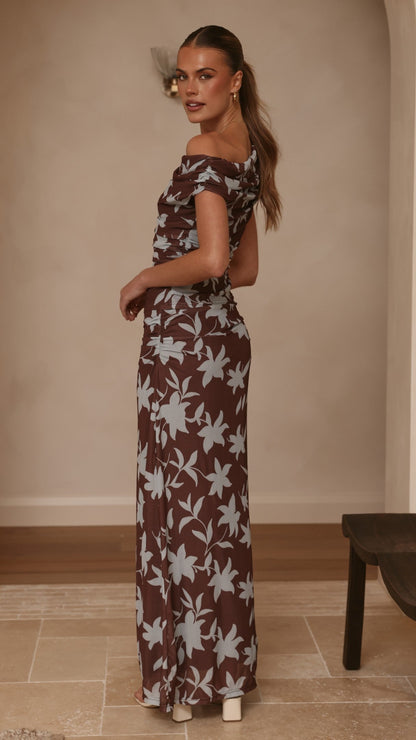 Nova Maxi Dress - Chocolate/Blue Print