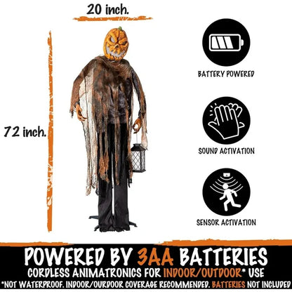 72 Inch Sound and Sensor Activated Pumpkin Head Prop Decoration