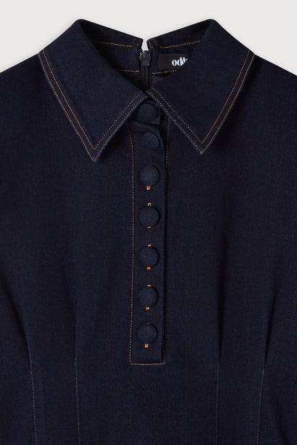Cotton Mix Denim Collared Midi Dress