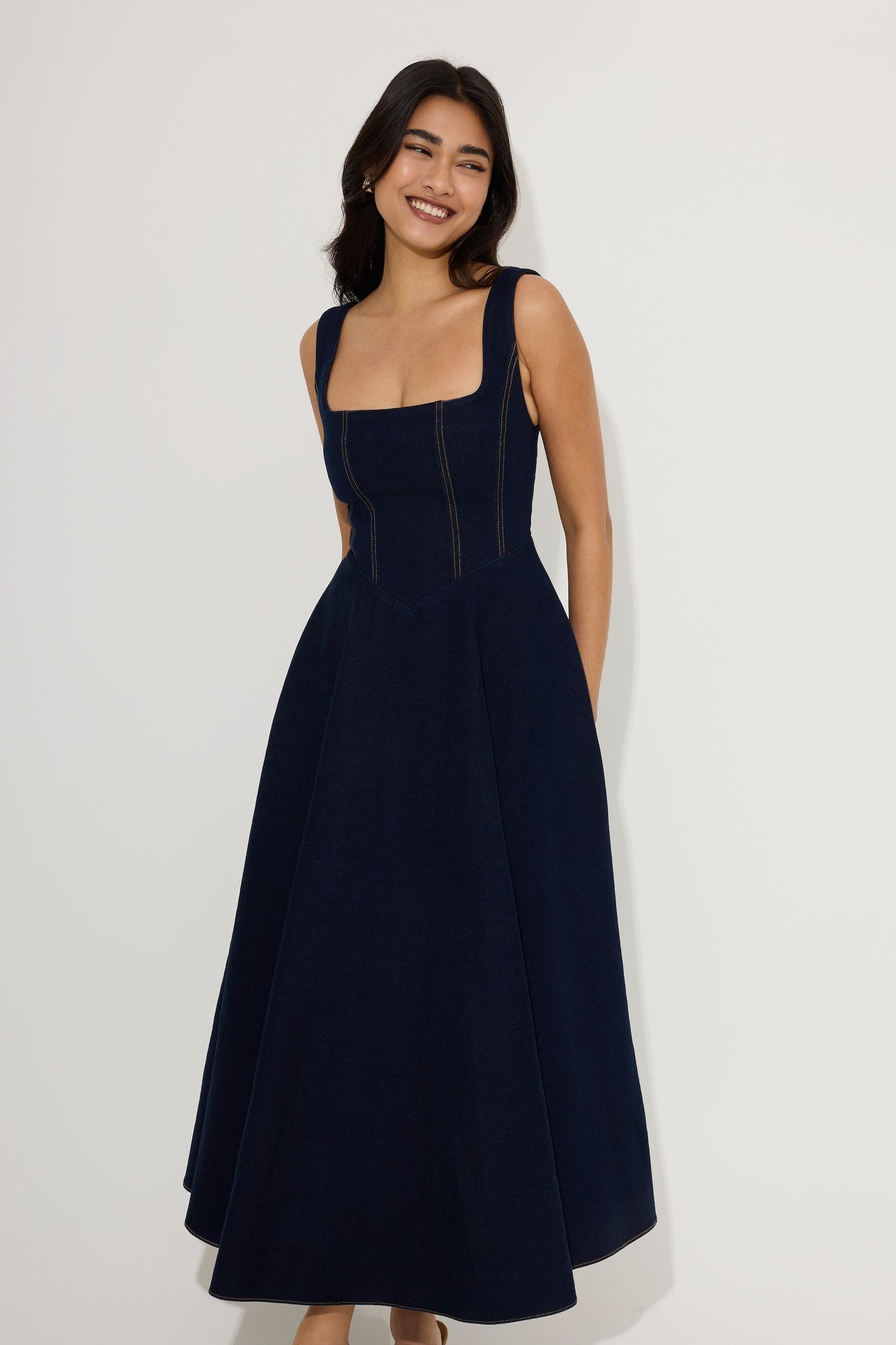 Cotton Mix Denim Square Neck Midi Dress