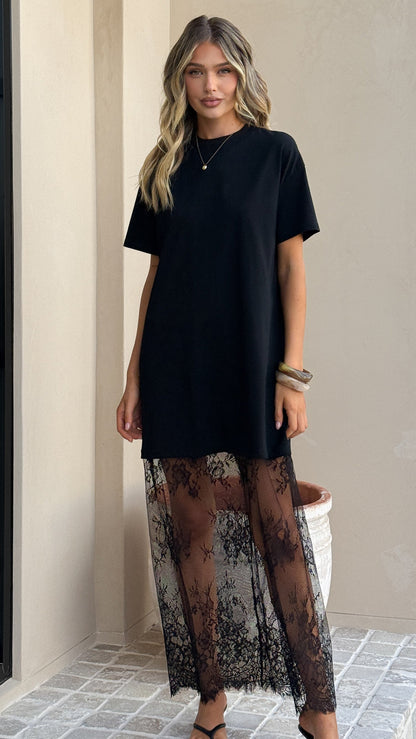 Adora T-Shirt Maxi Dress - Black Lace