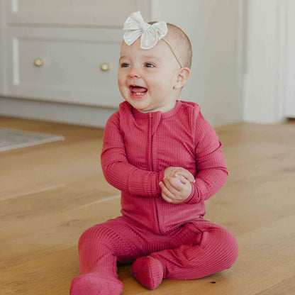 Rib Knit Zip-Up Footie Pajama - Berry