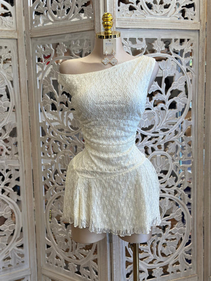 Asymmetrical Ivory Mini Lace Dress- Slightly Stretchy , Estira Poco