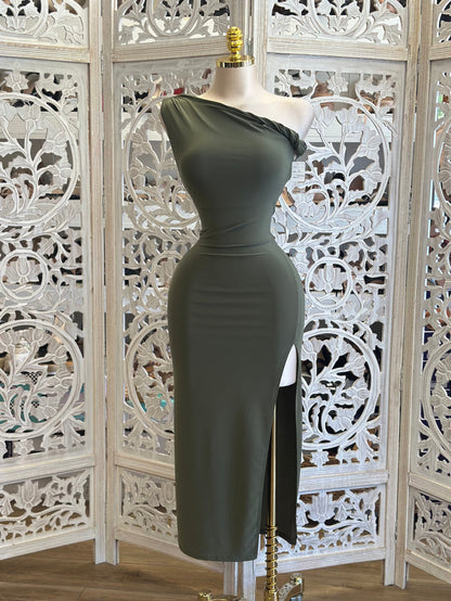 Asymmetrical Olive Knotted Dress-Estira, Stretchy