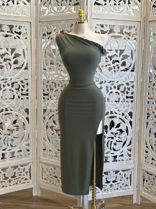 Asymmetrical Olive Knotted Dress-Estira, Stretchy