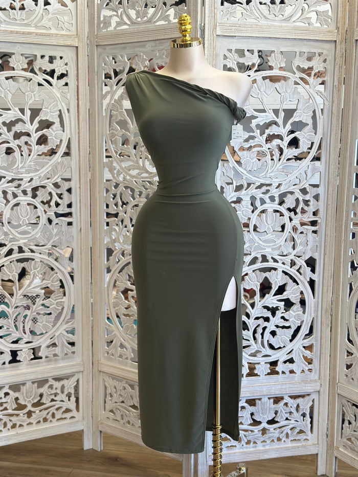 Asymmetrical Olive Knotted Dress-Estira, Stretchy