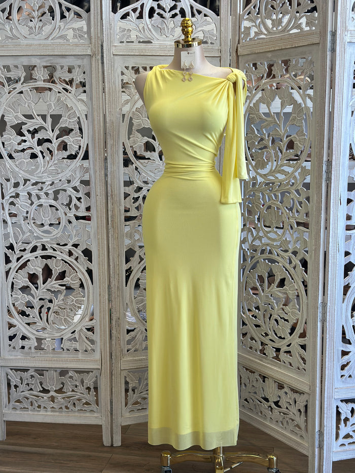 Asymmetrical Yellow Knotted Dress-Estira, Stretchy