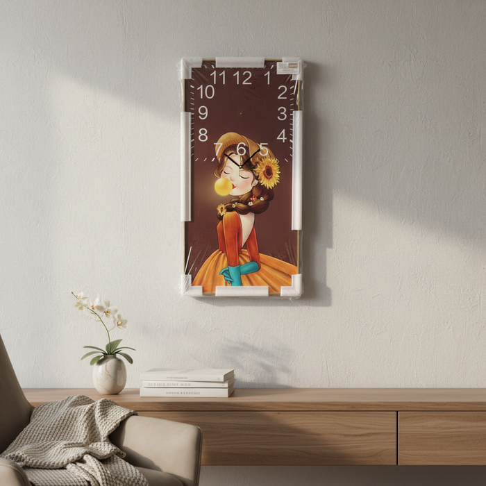 Wall clock with girl blowing bubble gum, sunflower hair, orange dress, above wooden console table
