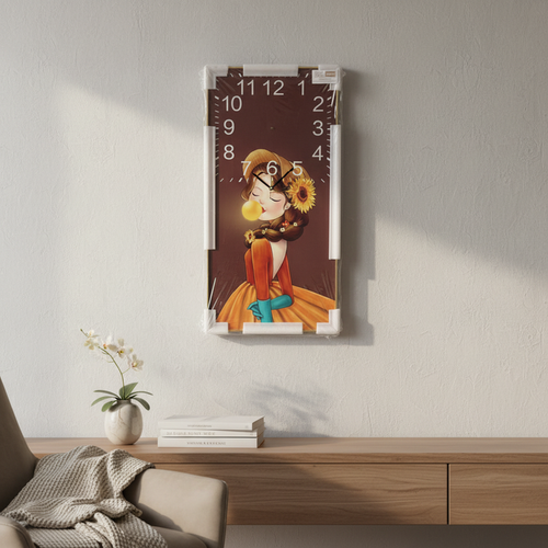 Wall clock with girl blowing bubble gum, sunflower hair, orange dress, above wooden console table
