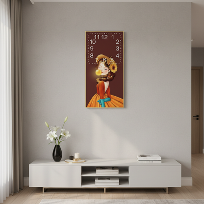 Wall clock with cartoon girl blowing bubble, sunflower hair, orange dress, above white TV unit in modern living room