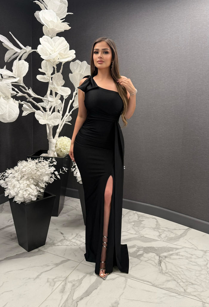 Black Bow One Sleeve Gown-Estira, Stretchy