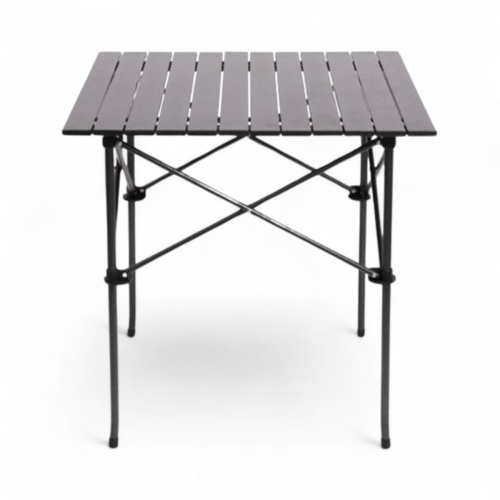 Foldable outdoor table with metal frame on a white background