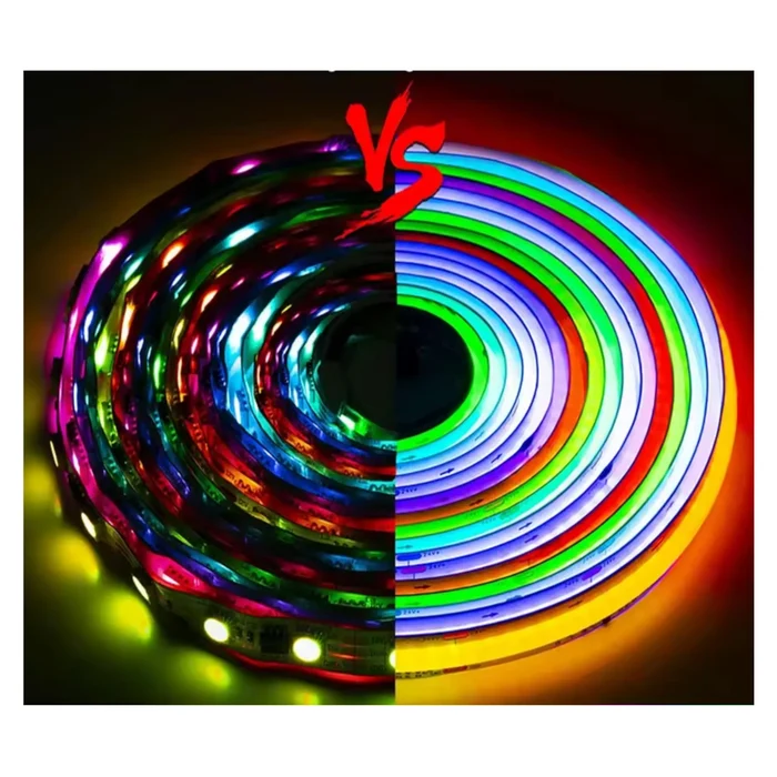 close-up of WS2812B dotless RGB LED strip glowing