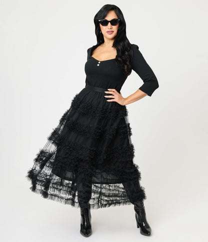 Black Mesh Ruffled Tier Midi Skirt