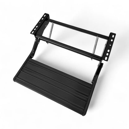 Black metal step stool on a white background