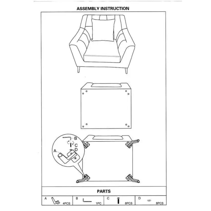 Assembly instructions for modern armchair with parts diagram and step-by-step guide