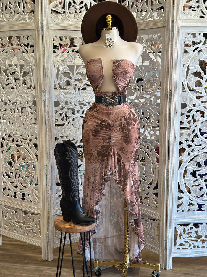 Brown Printed Open Front Dress- Stretchy, Estira