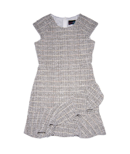 By Debra Girls Kate Black/White/Gold Slanted Ruffle Dress Girls Special Dresses By Debra Black/White Y/XS (6X)