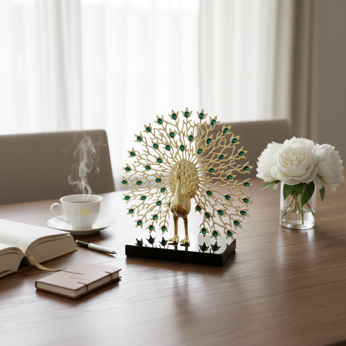 Golden peacock sculpture with green gem accents on wooden table, styled with coffee, book, and white flowers