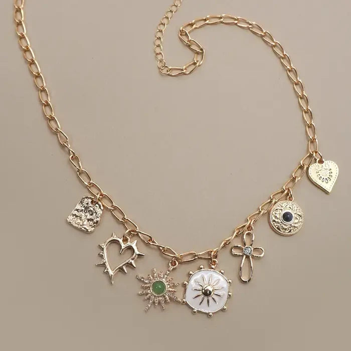 Charm Necklace - Heart Cross Sunburst Stone