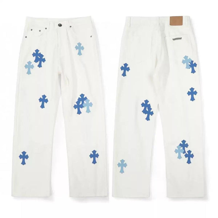 Chrome Hearts St Barth Baby Blue Cross Patch White Jeans – pants front view