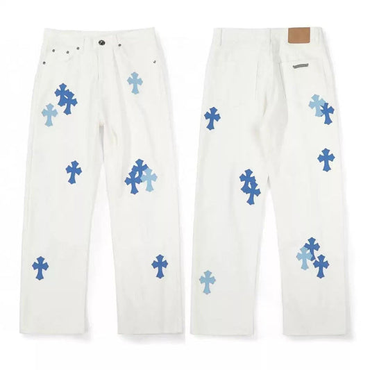 Chrome Hearts St Barth Baby Blue Cross Patch White Jeans – pants front view