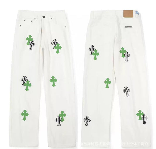 Chrome Hearts White Jeans with Neon Green and Zebra Cross Patches – pants front view