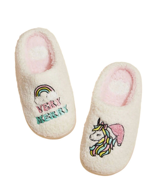 Cozy Kids Slippers Merry Unicorns Distressed/seasonal accessories Frankie's Exclusives Multi Y/4