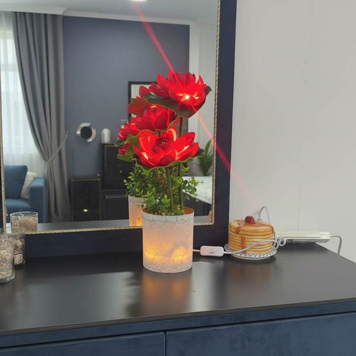 Glowing red lotus flower lamp on modern dresser with mirror, cozy bedroom decor