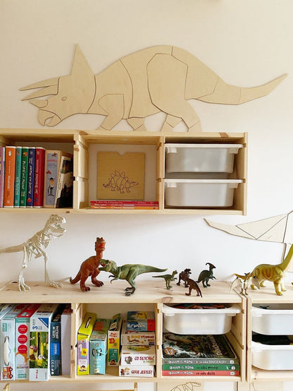 Left-facing wooden triceratops wall decoration above storage unit with children's books and toys